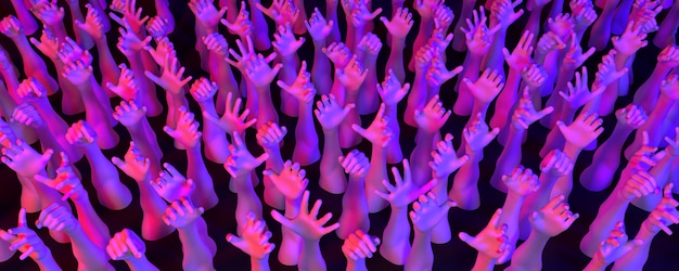 Veel handen in neonlicht op een donkere achtergrond, 3d illustratie