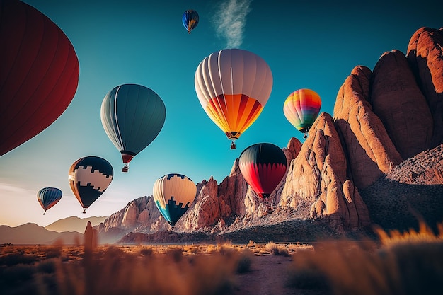 Veel heteluchtballon vliegt in de blauwe lucht Illustratie Generatieve AI