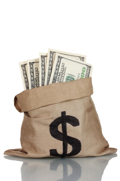Veel honderd dollar biljetten in een zak geïsoleerd op wit