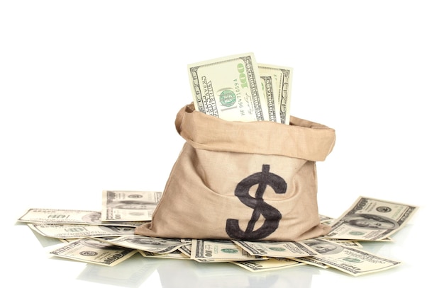 Veel honderd dollar biljetten in een zak geïsoleerd op wit