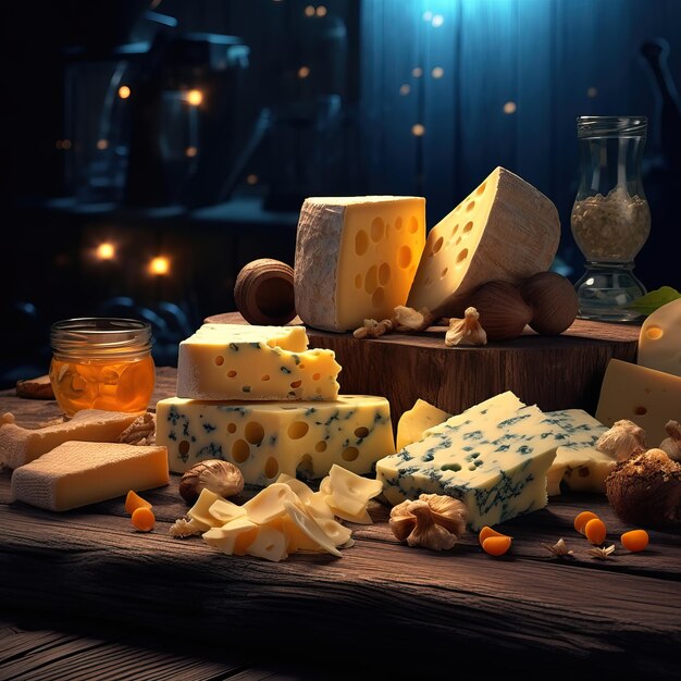 Foto veel kaas op een houten plank in de stijl van donkere hemelblauwe en amber softbox verlichting