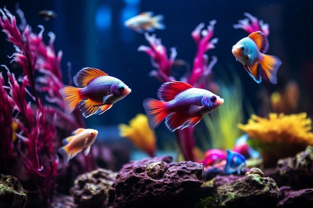 Veel kleine heldere neonvissen in het aquarium.