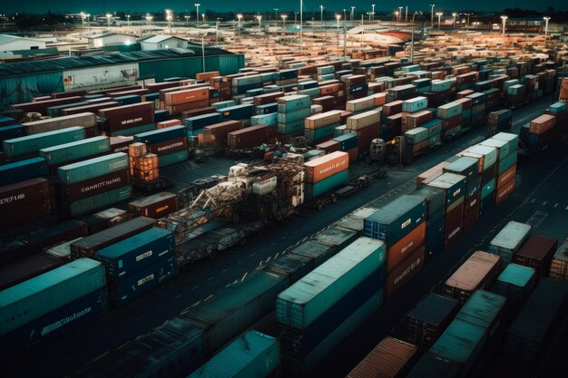 Veel kleurrijke containers op het erf van het logistieke centrum Haven van een havenstad met vracht Bovenaanzicht Generatieve AI