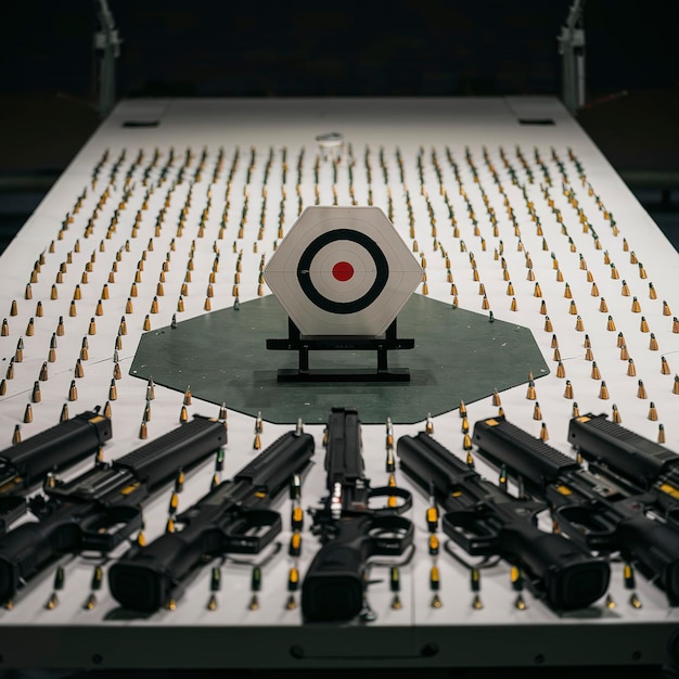 Veel kogels met schietdoelen op een witte tafel in de schietbaan polygon Training voor richten en schieten nauwkeurigheid