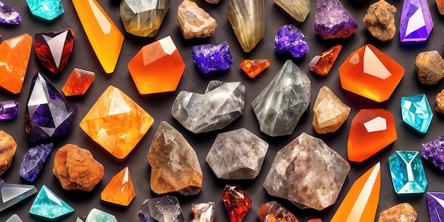 Veel kristallen en edelstenen op een donkere achtergrond Natuurlijke mineralen zoals agaat, amber, amethistkwarts en andere Een verstrooiing van edelstenen Generatieve AI