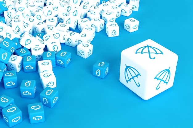 Veel kubussen met regen pictogrammen verspreid over blauwe achtergrond. 3D-afbeelding