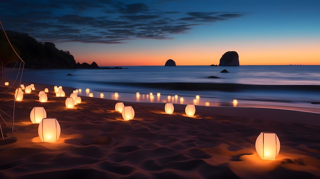 Veel lampen die in het donker op het strand liggen