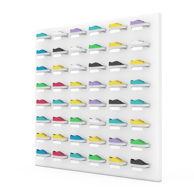 Veel meerkleurige sneakers schoeisel tentoonstelling op plank te koop in Fashion Shop een witte achtergrond. 3D-rendering