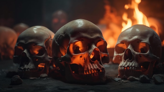 Veel menselijke schedels Halloween-concept Generatieve Ai