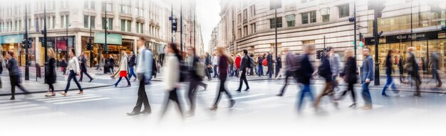 Veel mensen lopen in de City of London breed panoramisch uitzicht op mensen die de weg oversteken