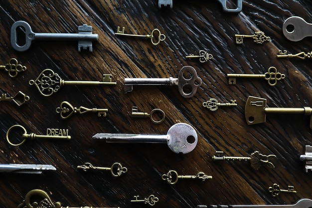 Veel metalen sleutels en een stalen slot op houten planken Vintage roestig hangslot omringd door oude sleutels Beveiligingsbeschermingsconcept Internethacker of cyberveiligheid