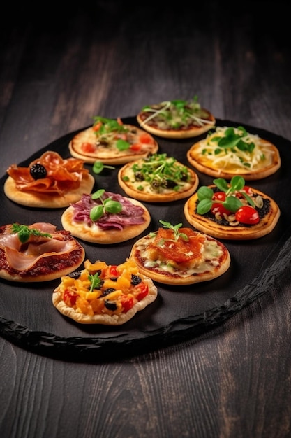 veel minipizza op houten plaat cateringbuffet soft focus Generatieve AI