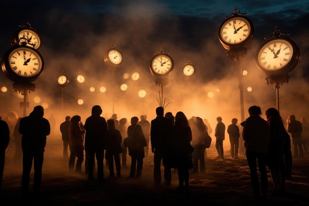 Veel nachtelijke silhouetten van mensen omringd door pilaren met grote wekker op hen Het concept van tijd het veranderen van de klok naar wintertijd