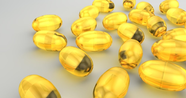 Veel omega-capsules bovenaanzicht Omega 3 zure gele gelatinecapsule 3D-rendering