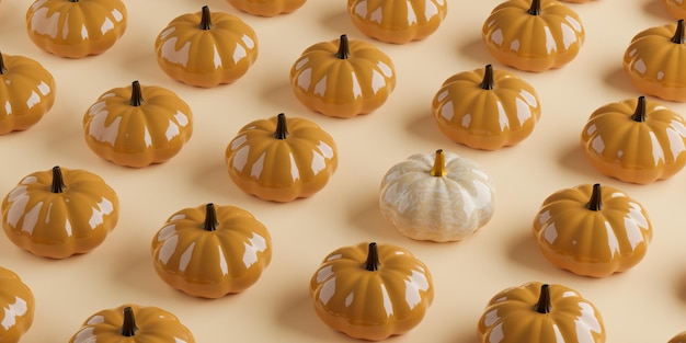 Veel oranje pompoenen en een individuele witte in patroon achtergrond herfst en halloween decoraties 3d-rendering