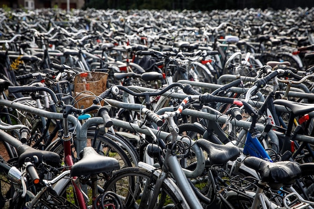 Foto veel oude fietsen op de fietsenstalling in nederland