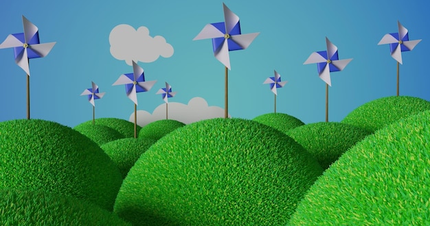 Veel pinwheels op met gras begroeide heuvels. Stuk speelgoed windmolenlandschap. Hernieuwbaar energieconcept