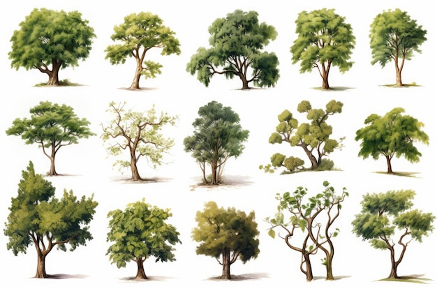 Veel realistische boomscènes op een witte achtergrond generatieve ai