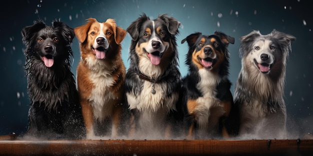 Veel schattige honden op een blauwe achtergrond Hoogwaardige foto Generatieve AI