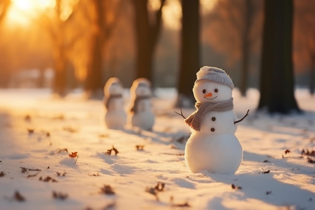 Veel schattige sneeuwmannen op straat in een winterlandschap