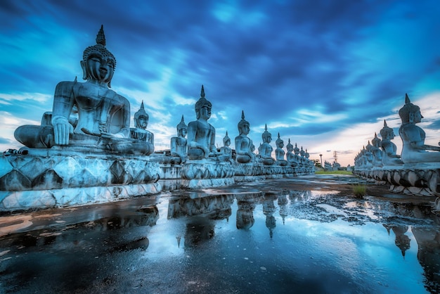 Veel standbeeld boeddha beeld bij zonsondergang in het zuiden van thailand. blauwe toon