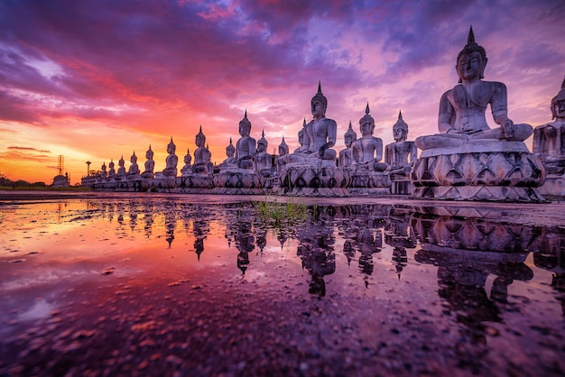 Veel standbeeld Boeddhabeeld bij zonsondergang in het zuiden van Thailand