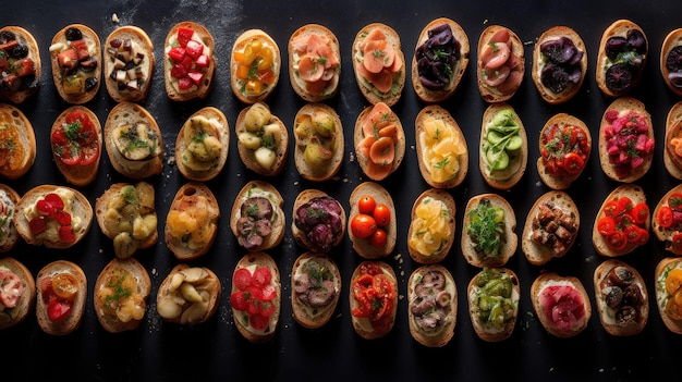 Veel stukjes toast met verschillende toppings op tafel