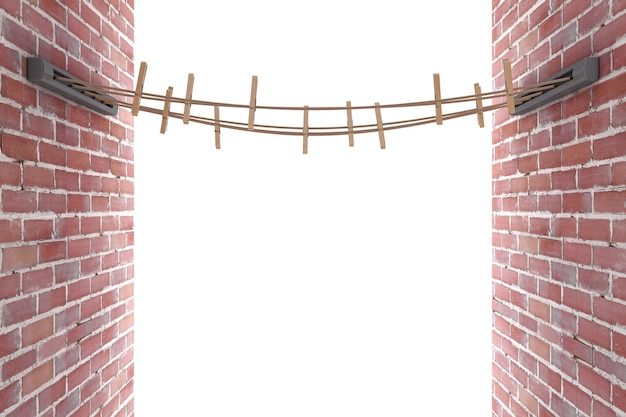 Veel touwen met wasknijpers op steunen tussen twee breken muur op een witte achtergrond. 3D-rendering