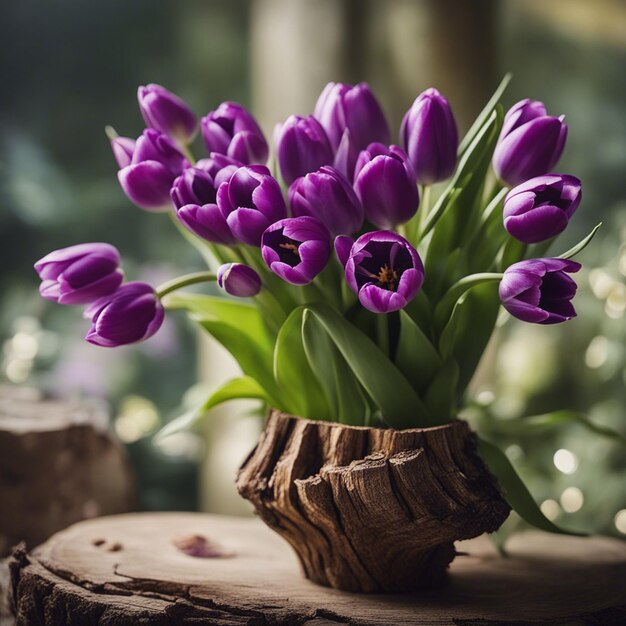 Foto veel tulpen in houten pot violet houten tafel top view