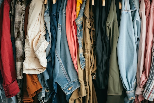 Veel tweedehands kleding is te koop tegen goedkope prijzen minimalisme top view