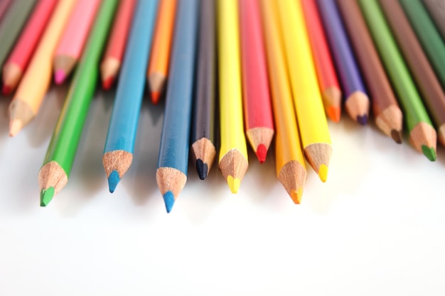 Veel veelkleurige potloden liggen op een rij op een witte achtergrond