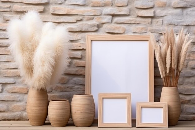 Veel verschillende houten frames leunen tegen de muur en een vaas met pampasgras Generative Ai