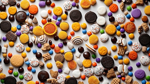 veel verschillende soorten koekjes en snoepjes op een witte achtergrond