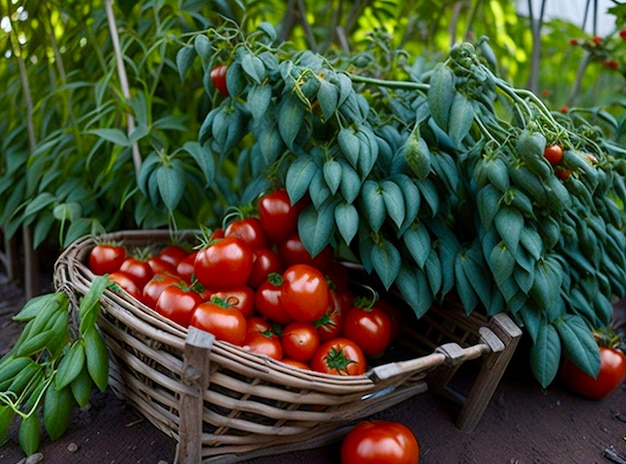 Veel verschillende tomaten in manden bij de kas Tomaten oogsten