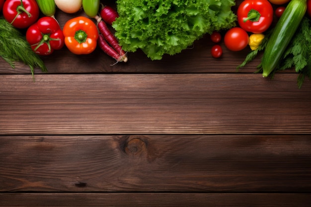 Veel verschillende verschillende verse rauwe groenten op rustieke houten tafel achtergrond kopie ruimte gezond