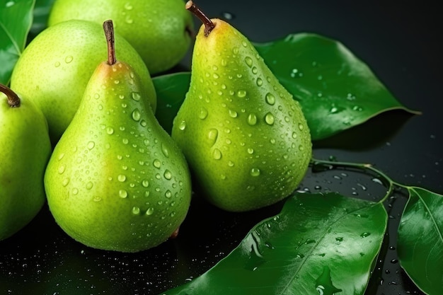 Veel verse rijpe groene peren met gedetailleerde waterdruppels gezonde voeding concept Generatieve Ai