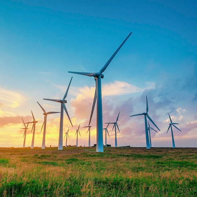 Veel windturbines in de weide de elektrische energie is een schone energie en helpen de planeet te redden