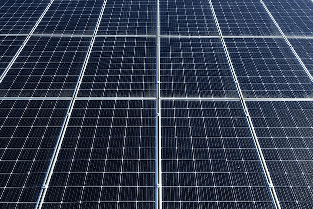Veel zonnepanelen in een elektriciteitscentrale op zonne-energie die wordt gebruikt om elektriciteit uit het zonlicht te produceren Blauwe luchtachtergrond en groen gras in zonsonderganglicht Eco-energie goed voor het milieu