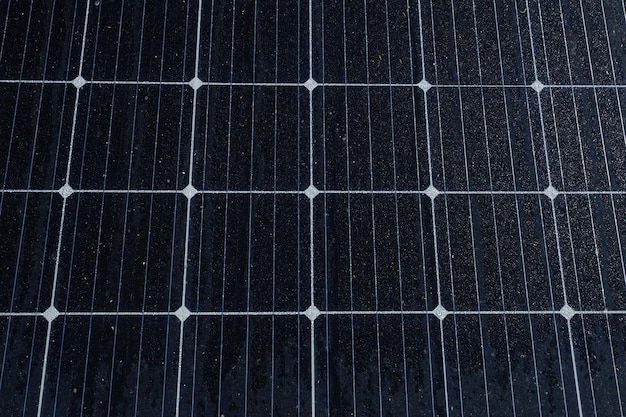 Veel zonnepanelen in een elektriciteitscentrale op zonne-energie die wordt gebruikt om elektriciteit uit het zonlicht te produceren Blauwe luchtachtergrond en groen gras in zonsonderganglicht Eco-energie goed voor het milieu