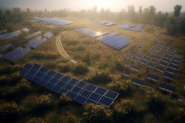 veel zonnepanelen in een groen veld met vegetatie bij zonsondergang gegenereerd met AI