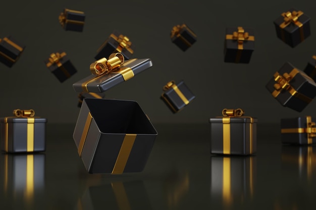 Veel zwarte geschenkkistjes met gouden strikken 3D-illustratie