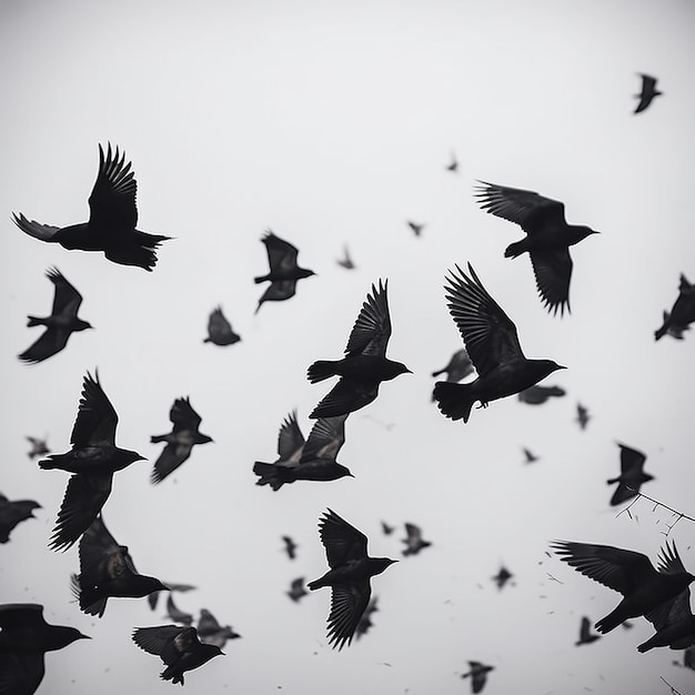 Veel zwarte raven vogels vliegen over de grijze lucht sombere depressieve droevige achtergrond