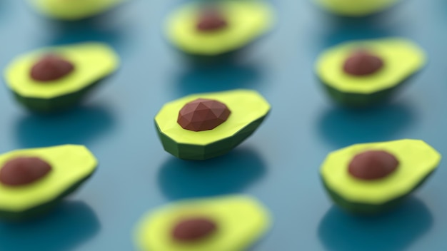 Veelhoekig groen avocadopatroon voor gezond eten 3D-rendering avocado in tweeën gesneden met een bot