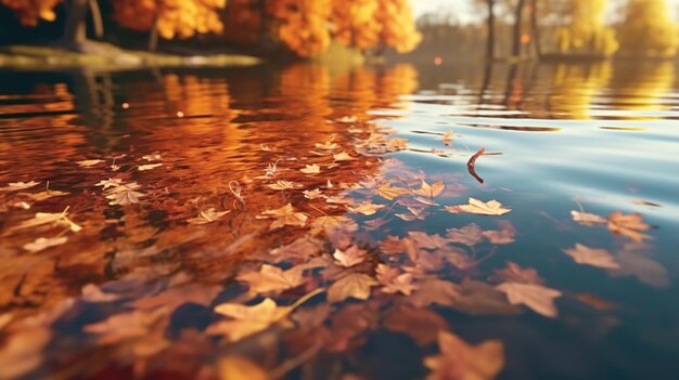 Foto veelkleurig helder herfst esdoornblad in het meerwater