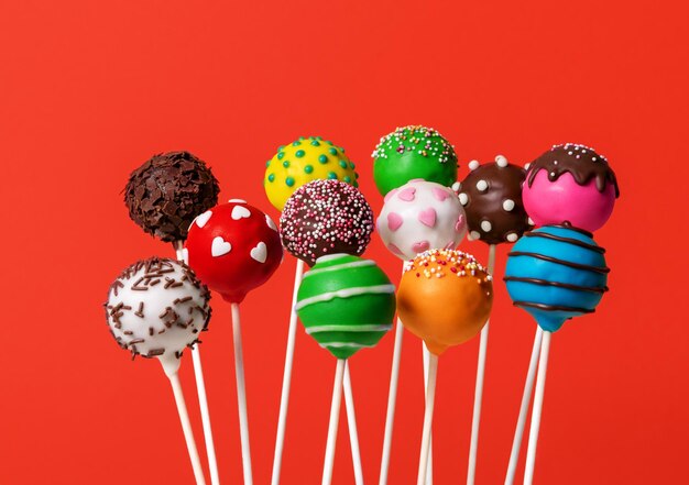 Foto veelkleurige cake pops geïsoleerd op een rode achtergrond