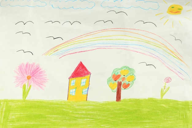 Veelkleurige children039s tekening met huis en bloemen