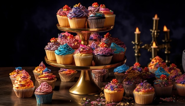 Veelkleurige cupcakes met chocoladesuikerglazuur en decoratie gegenereerd door AI