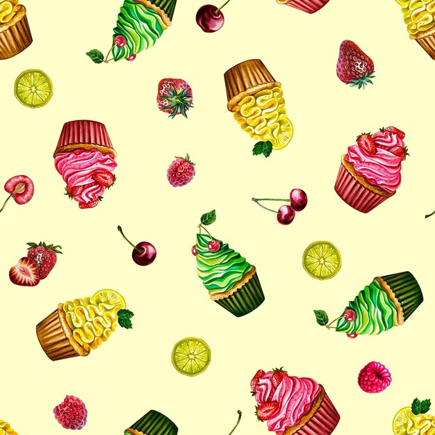 Veelkleurige cupcakes met roombessen Naadloze patroon Aquarel hand getekende illustratie