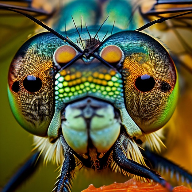 Veelkleurige fantastische oog blauwe libel close-up macro, facetvisie van insecten
