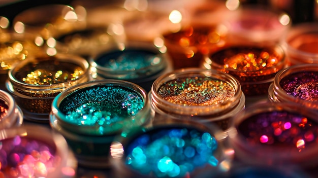 Foto veelkleurige glitter in dozen selectieve scherpstelling